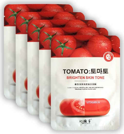 Изображение Тканевая маска для лица с витамином A и экстрактом томата Huanyancao Tomato: осветление тона кожи, 25 мл • 5 штук